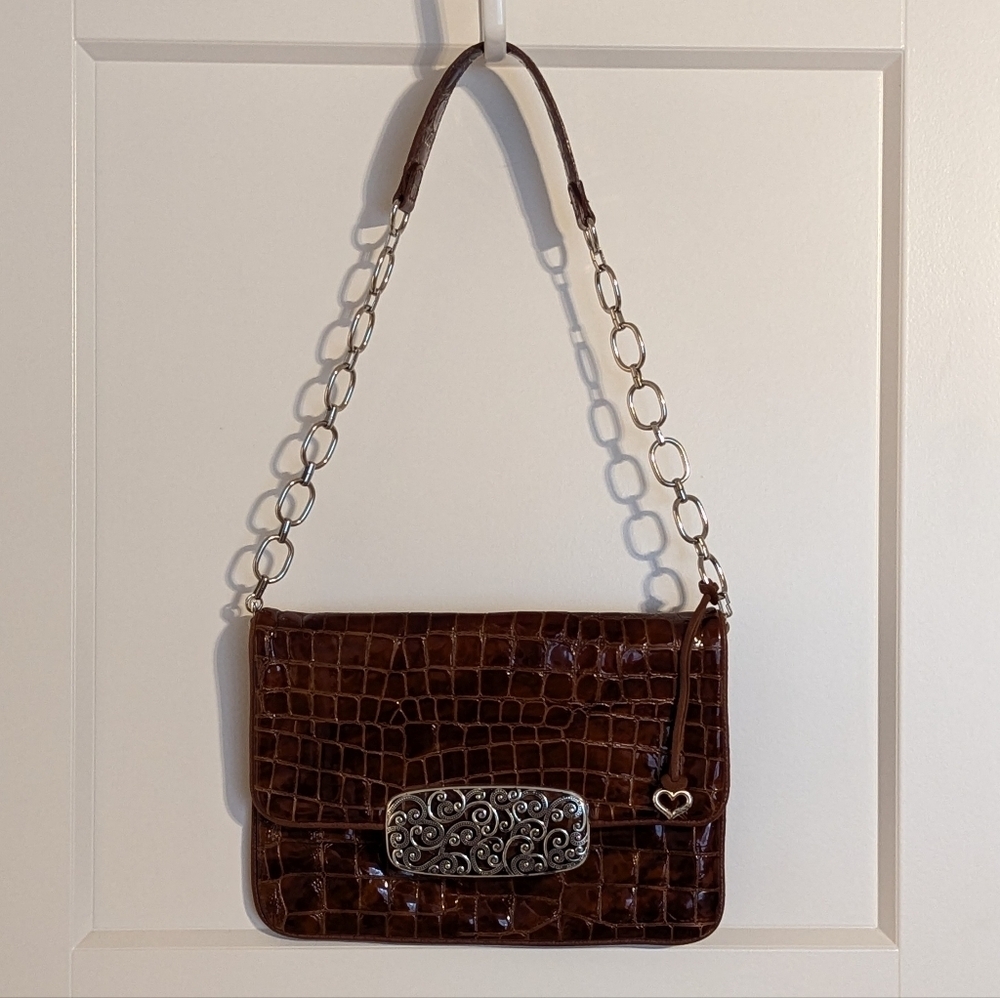 Brighton All You Need Is Love faux croc brown patent leather shoulder bag